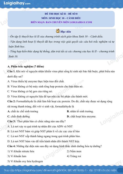 Đề thi học kì 2 Sinh 10 Cánh diều - Đề số 8